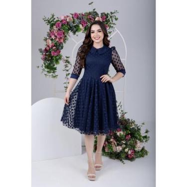 Imagem de Vestido Feminino Midi Manga Princesa Tule Romântico Com Gola Detalhes 
