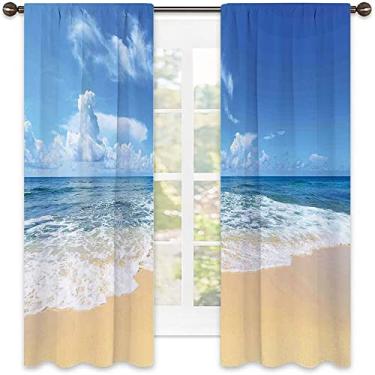 Imagem de Cortinas blackout 90% oceano, ondas e praia com céu sol verão infinito vista mar costa impressão trópica, para quarto, jardim de infância, sala de estar, L 132 x C 182 centímetros azul creme