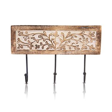 Imagem de Cabide decorativo de madeira e ferro fundido vintage rústico montado na parede, roupão, toalha, gancho de porta, suporte para corredor, sala de estar, entrada, banheiro, quarto, decoração de casa,