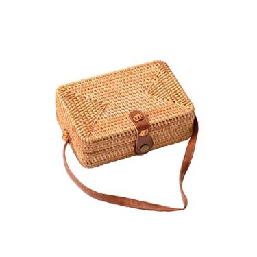 Imagem de SHAREYOIU Bolsa de vime redonda tecida à mão, ombro natural, chique, estilo praia tropical, tecida com alça de couro, Quadrado 19 x 13 x 6,5 cm, 7 x 3.2 inches