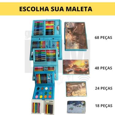 Imagem de Estojo Maleta Pintura Infantil Lápis Cores Giz Canetinhas e Diversos Tamanhos Desenhos Para Colorir(24 ITENS,Azul)