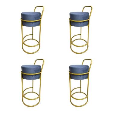 Imagem de Kit 4 Banquetas Alta Redonda Base Dourada Veludo Cinza