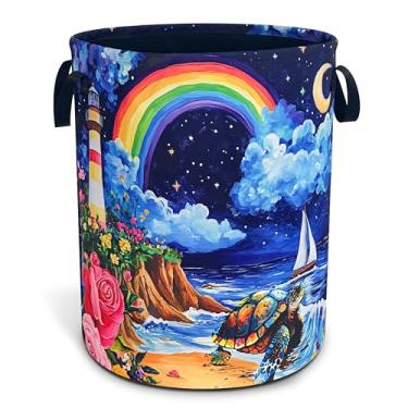 Imagem de Cesta de lavanderia de praia tartaruga marinha arco-íris dobrável impermeável pano Oxford bolsa engraçada cesto de roupas balde de roupas organizador de brinquedos para banheiro/armazenamento de