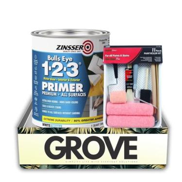 Imagem de Zinsser Bulls-Eye 1-2-3 Tinta e selador acrílico estirenado branco à base de água 1 qt pacote com kit de rolo de tinta Linzer – Bloqueio de manchas, vedação de superfície e aplicação suave – Conjunto