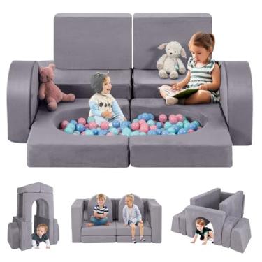 Imagem de INFANS Sofá modular para crianças, 8 peças, criativo, secional, forte para sala de jogos, quarto, crianças, conversível, versátil, macio, conjunto de brinquedos para móveis de espuma macia (cinza)