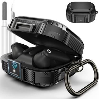 Imagem de [Trava segura de atualização] para Beats Powerbeats Pro 2, capa protetora LDSXAY de fibra de carbono à prova de choque para Powerbeats Pro 2 2025 com kit de limpeza e mosquetão (preto)