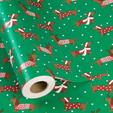 Imagem de LeZakaa Rolo jumbo de papel de embrulho de dachshund de Natal, Dachshund vestido com costumes festivos, design verde de Natal com bolinhas de neve, embrulho de presente de festa de feriado para