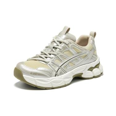 Imagem de BEAU TODAY Tênis grosso para mulheres, tênis fashion feminino, sapatos casuais de couro para caminhada, plataforma com cadarço, sapatos leves e confortáveis para pais, Dourado, 37