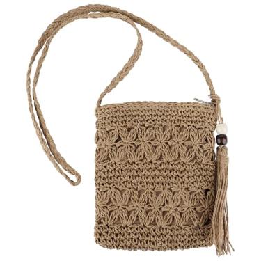 Imagem de DODAMOUR Bolsa transversal horizontal de tecido de palha com borla de contas, praia atenciosa ou companheiro de férias, pequena bolsa de viagem para chaves, batom ou cartões (marrom)