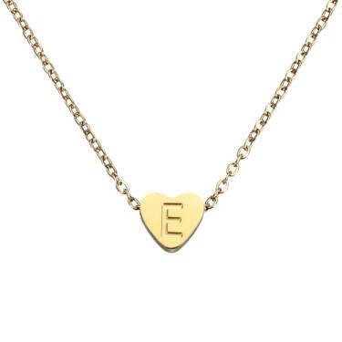 Imagem de PATIKIL Colar de coração com inicial para mulheres, banhado a ouro 18K, corrente de aço inoxidável delicada, nome personalizado, letra E, colares com pingente para mulheres, joias, presentes, tom