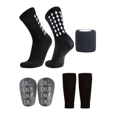 Imagem de menolana Meias de futebol com caneleiras e mangas, caneleiras respiráveis e confortáveis, conjunto de equipamentos para homens mulheres, basquete caminhada, Preto