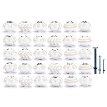 Imagem de NAQSH Puxadores de cerâmica para armário – Puxador de gaveta de cozinha multiuso puxadores de gavetas de armários boho puxadores feitos à mão redonda multicolorida maçaneta de porta de armário (puxadores de cerâmica pacote com 30, branco e bege)