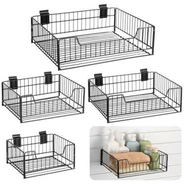 Imagem de Maxdot Pacote com 4 cestas de slatwall, vários tamanhos, metal, ventilado, preto, para pendurar na parede, acessórios para garagem, salas, lojas, armazenamento e exibição em painéis
