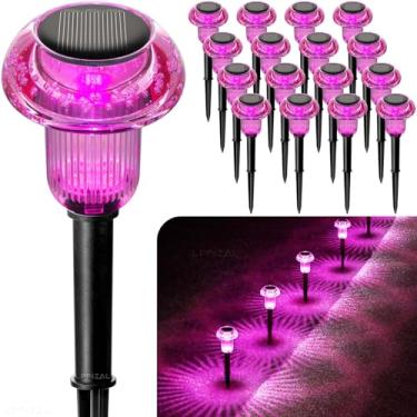 Imagem de Lffital Pacote com 16 luzes solares de dia das bruxas, luzes solares rosa choque ao ar livre, cogumelo roxo, LED à prova d'água, estaca de iluminação para exterior, quintal, caminho, jardim, gramado