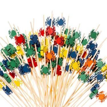 Imagem de 100 palitos de coquetel de aranha de Halloween, cores sortidas, espetos de frutas, palitos de coquetel, aperitivo de bambu, palitos de madeira para decoração de bolos de Halloween, artigos de festa