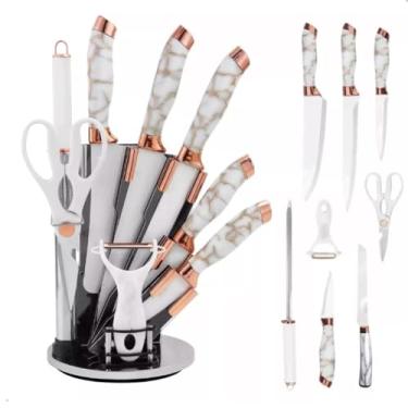 Imagem de Jogo De Facas 9 Peças Aço Inox Com Suporte Em Acrílico Kit com Tesoura Afiador e Suporte Conjunto de Facas para Corte Profissional e Doméstico de Carnes Legumes e Utensílios em Inox (BRANCO)