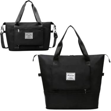 Imagem de Bolsa de Viagem Expansível Leve Dobrável com Alça Ajustável e Vários Bolsos, Grande Capacidade, Impermeável, Bolsa para Bagagem de Mão, Mala Esportiva de Academia Treino (PRETO)