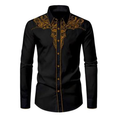 Imagem de Camisa masculina KISSQIQI Western Cowboy bordada Slim Fit