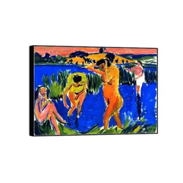 Imagem de BMZFYBS Impressão em tela pintura famosa imagem de parede quatro banhistas - pôster moldura preta para sala de estar banheiro decoração de casa 70 x 100 cm 27 x 39 pol