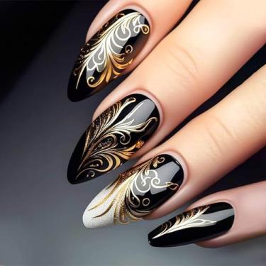 Imagem de RUOKEXIN Unhas postiças médias de amêndoa, unhas postiças pretas com desenhos, cola de glitter nas unhas, unhas artificiais brilhantes, prensas de amêndoa para mulheres, 24 peças