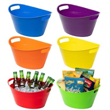 Imagem de Pacote com 6 balde de gelo, banheira oval de plástico para festas, garrafa térmica para vinho, cerveja e champanhe, cesta de armazenamento, multicolorida