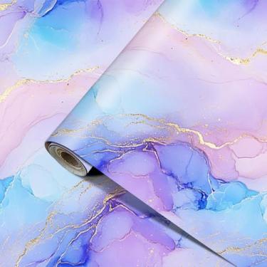 Imagem de HOMETITUTE Papel de parede de mármore rosa roxo azul dourado descasque e cole papel de contato abstrato autoadesivo papel de parede de vinil removível para paredes, bancadas, armários, móveis