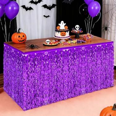 Imagem de Saia de mesa de carnaval, pacote com 2 saias de mesa roxas de grama, saias de mesa onduladas metálicas de folha de tinsel de Halloween, saias de cortina de mesa para formatura, festa de carnaval e