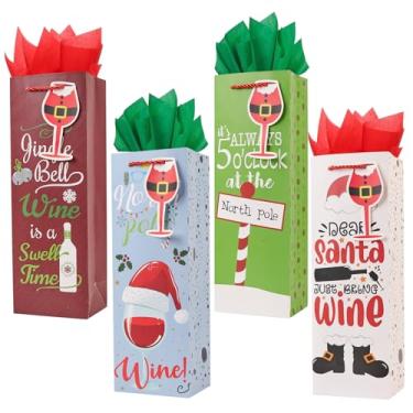Imagem de ZJHiome Pacote com 12 sacos de presente de garrafa de Natal com papel de seda, sacos de garrafa de papel de 34,8 cm de espessura a granel para garrafas de champanhe e vinho, sacos de vinho
