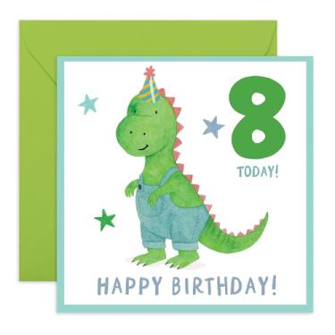Imagem de CENTRAL 23 Cartão de aniversário de 8 anos para meninos – Dinossauro fofo em jardineiras – Cartão de aniversário de 8 anos para ele, filho, neto, sobrinho – Presente de saudação, amantes de