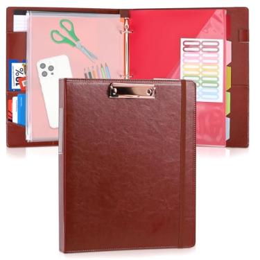 Imagem de Pasta de fichário de couro com prancheta de 2,5 cm, 33 cm × 28 cm de poliuretano com bloco de notas, 5 divisórias com bolsos, pasta removível, etiquetas, ótimo para escritório escolar (serve para