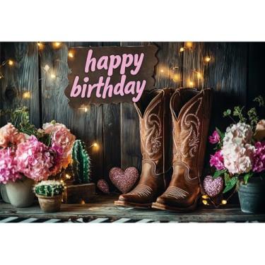 Imagem de Laeacco 1,5 x 0,9 m Pano de fundo de aniversário de vaqueira ocidental rústica placa de madeira rosa floral botas de oeste selvagem cacto fotografia fundo para meninas aniversário chá de bebê