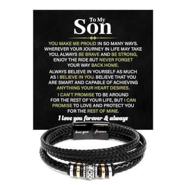Imagem de FLAGISTA Pulseira To My Son – Joias inspiradoras de aço inoxidável e couro trançado, presente de aniversário com cartão de mensagem e caixa., Forever Love Bracelet, Aço inoxidável, Sem Pedra Preciosa