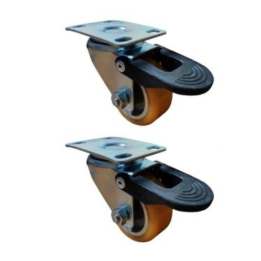 Imagem de 2 Rodizio Reforçado Poliuretano Placa Giratória C/Freio 50Mm