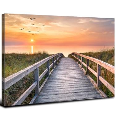 Imagem de Arte de parede de praia sala de estar pôr do sol cerca de madeira costeira imagem banheiro escritório decoração de parede pássaros voadores gaivota fotografia arte vintage fazenda natureza pôster