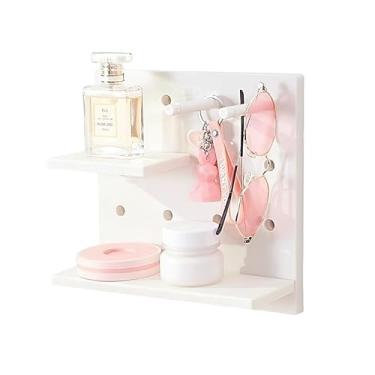 Imagem de Conjunto de prateleira com ganchos, pequenas prateleiras flutuantes de plástico organizador de parede para mesa, escritório, banheiro, entrada e cozinha, sem perfuração