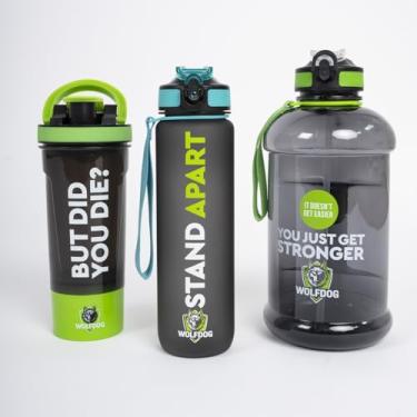 Imagem de WOLFDOG Conjunto de garrafas de água para academia, pacote com 3, jarro grande à prova de vazamento de 2,1 l com palha, coqueteleira de proteína de 680 g com bola misturadora e armazenamento, garrafa