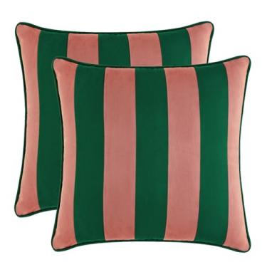 Imagem de MONDAY MOOSE Capas de almofada decorativas, conjunto de 2 designs de borda listrada de veludo macio, enchimentos de travesseiro não incluídos (Rosa/verde, 40,6 x 40,6 cm)
