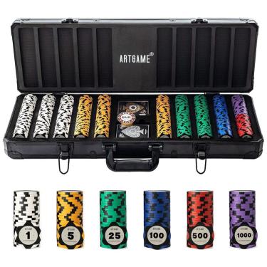 Imagem de Maleta de Poker em Alumínio com 500 Fichas Numeradas para Texas Holdem 14g, Artgame, Preta