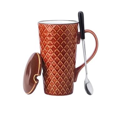 Imagem de Caneca 500 ml Colher de cerâmica com tampa Caneca de grande capacidade estilo nórdico copo de bebida criativo escritório casa xícara de chá da tarde caneca de café (cor: Rojo)