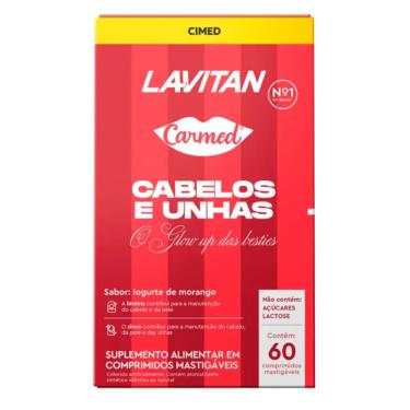 Imagem de Suplemento Alimentar Lavitan Carmed Cabelos e Unhas Sabor Iogurte de Morango 60 Comprimidos Mastigáveis