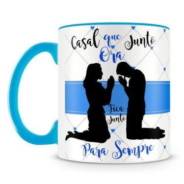 Imagem de Caneca Personalizada Casal que Ora Junto Azul com Nome - 325ml - Amo C