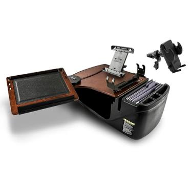 Imagem de AutoExec AE-RDFS-PS-TAB-VC-21M Mesa de alcance do assento dianteiro do carro e estação de trabalho portátil com suporte para impressora, suporte para tablet e clipe de ventilação do telefone, mogno