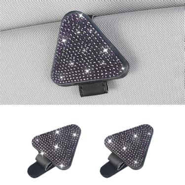 Imagem de MINGZAIQIPEI 2 peças de porta-óculos de sol triangulares com strass brilhante para viseiras de carro de couro magnético organizador de óculos de sol clipe de bilhete (roxo)
