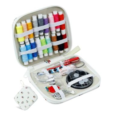 Imagem de Kit de costura para adultos com tesouras, agulhas de costura, dedal, linha, fita métrica etc. (impressão rosa bege em couro)