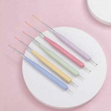 Imagem de Pincéis de arte de unha de ponta dupla, 5 peças de ferramentas de pintura de design de unhas, incluindo pincéis de revestimento fino e canetas de pontilhamento de unhas