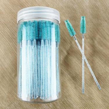 Imagem de 100 pincéis de rímel descartáveis para cílios e varinhas de substituição para extensões de cílios e pincel de sobrancelha com recipiente (azul)