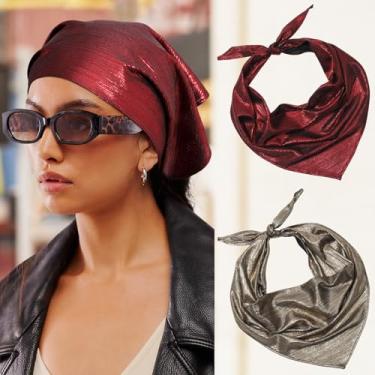 Imagem de Cachecol de cabeça para mulheres e meninas - 2 peças de lenços de cabelo, bandana triangular, preto, dourado claro + vermelho escuro