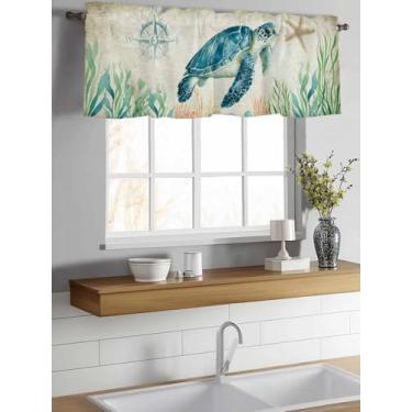 Imagem de Cortinas para janelas tartarugas marinhas para janela com bolso para varão, bússola de vida marinha, estrela-do-mar, retro, decoração de janela, cortina para cozinha, sala de estar, quarto, 137 x 45,7