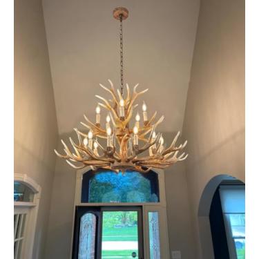 Imagem de Lustre de veado de fazenda com camada dupla 10 + 5 candelabros de chifre marrom claro, lâmpadas vintage rústica estilo art déco sala de estar sala de jantar (10 + 5 braços claros + 3 braços)