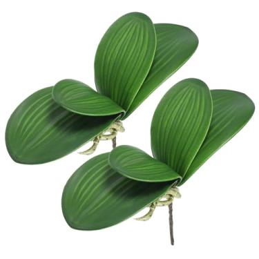 Imagem de Folhas artificiais de orquídea 10 cm, pacote com 2 folhas artificiais pequenas Phalaenopsis de látex verdadeiro, planta, verde, 4 folhas com hastes para decoração de vasos de flores em casa, verde